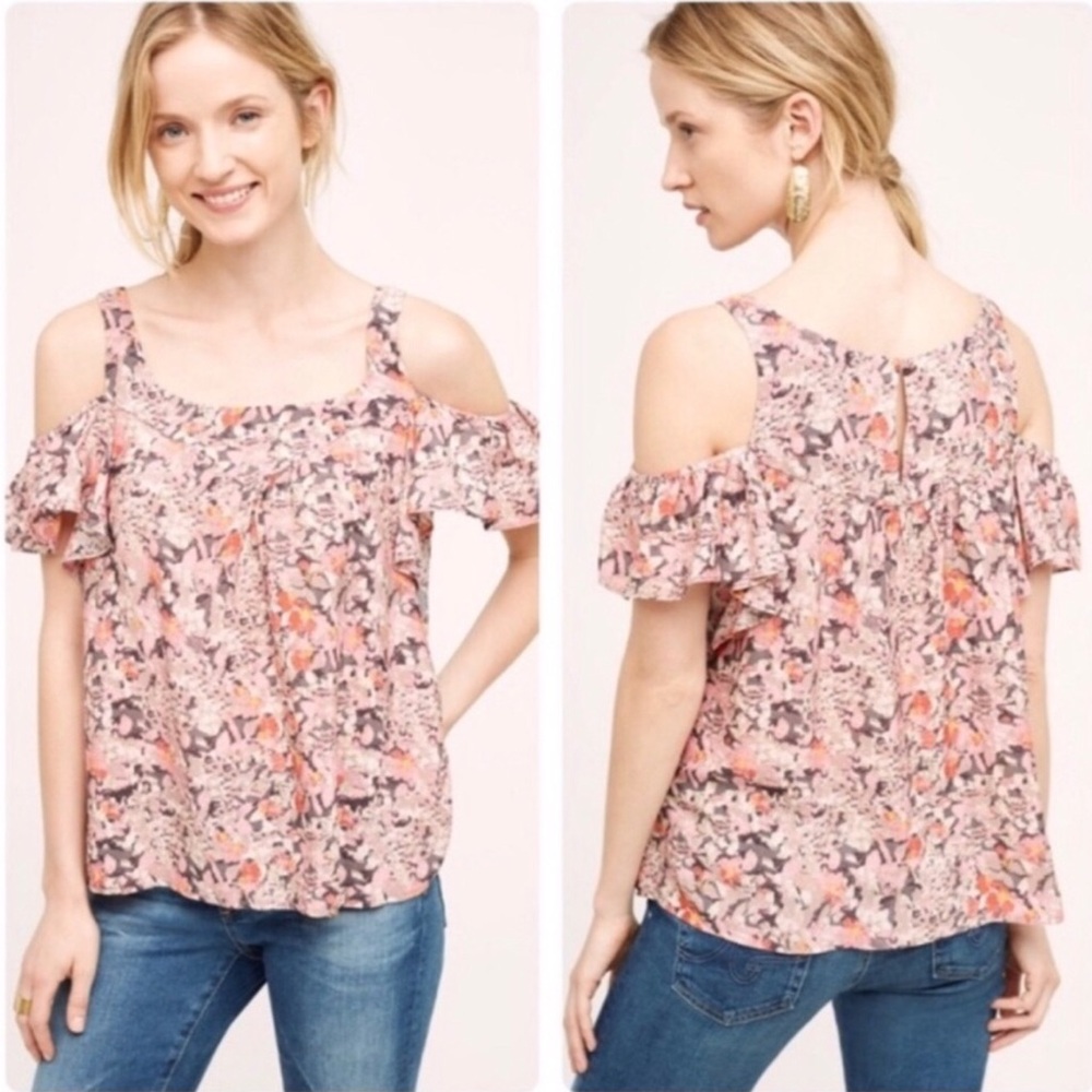 Anthropologie Pink Floral Cold Shoulder Blouse